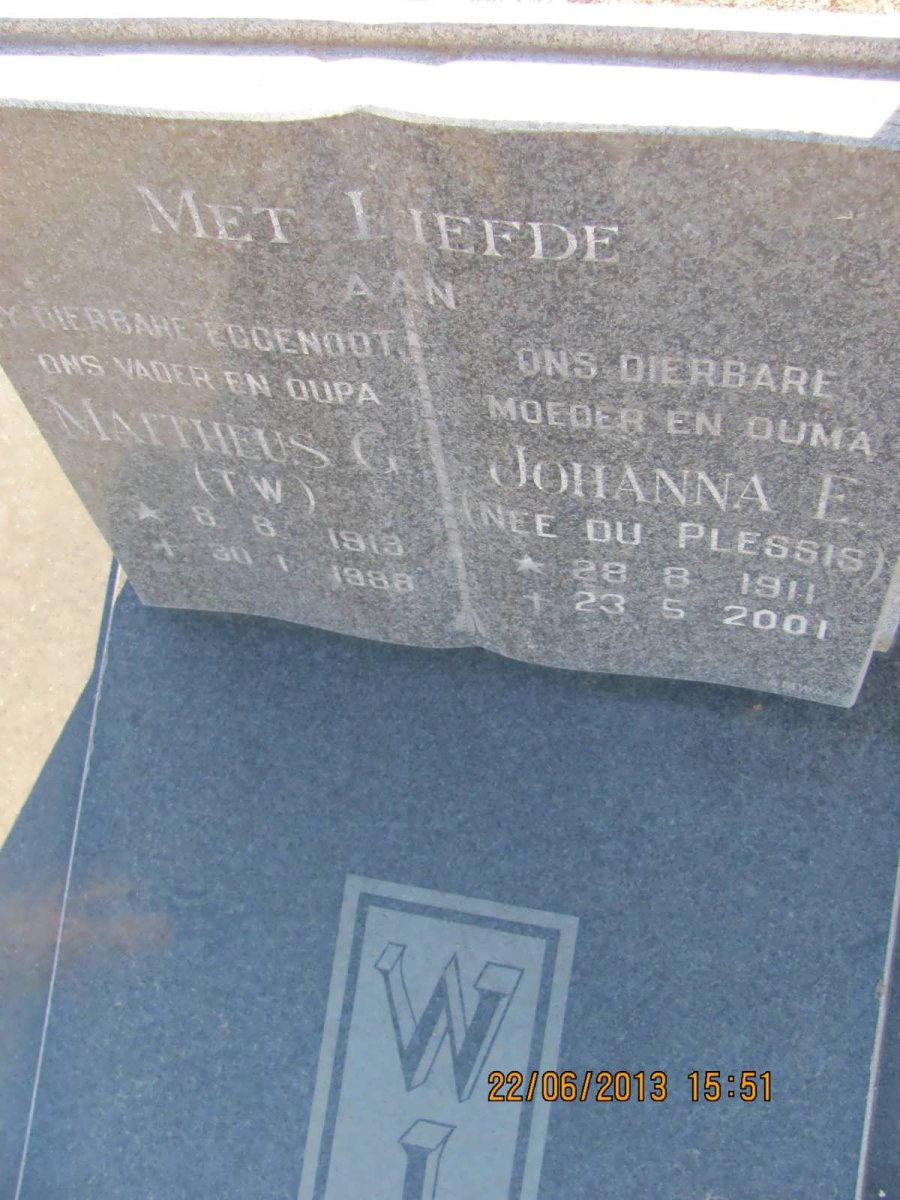 WILLEMSE Mattheus G. 1919-1988 &amp; Johanna E. DU PLESSIS 1911-2001