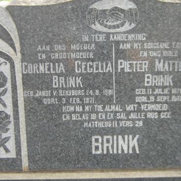 BRINK Pieter Matthias 1876-1945 &amp; Cornelia Cecelia JANSE V. RENSBURG 1881-1971