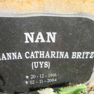 BRITZ Johanna Catharina nee UYS 1916-2004