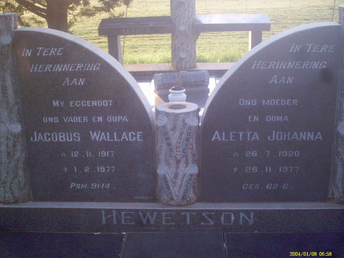 HEWETSON Jacobus Wallace 1917-1977 &amp; Aletta Johanna 1920- 1977