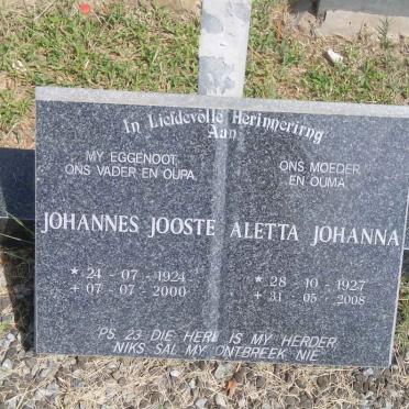 JOOSTE Johannes 1924-2000 &amp; Aletta Johanna 1927-2008