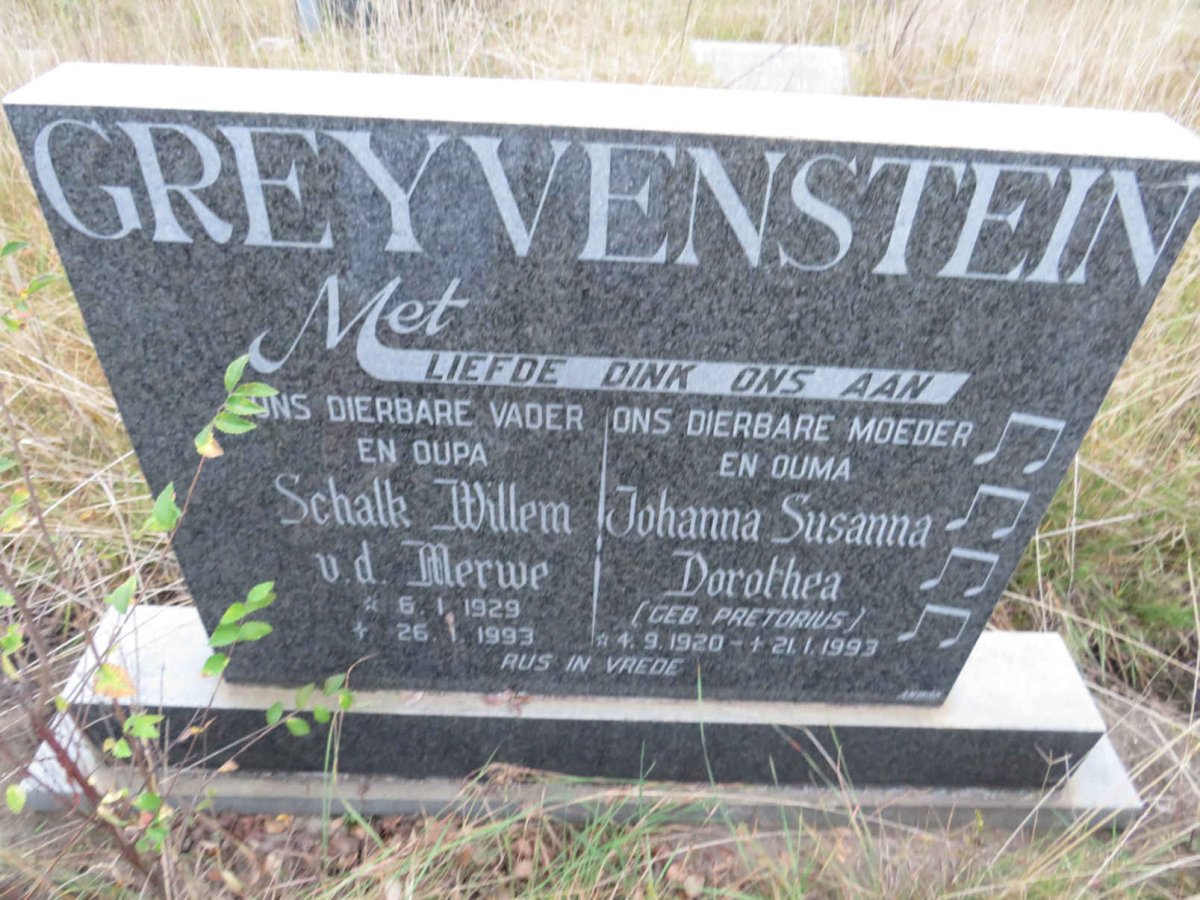 GREYVENSTEIN Schalk Willem v.d. Merwe 1929-1993 &amp; Johanna Susanna Dorothea PRETORIUS 1920-1993