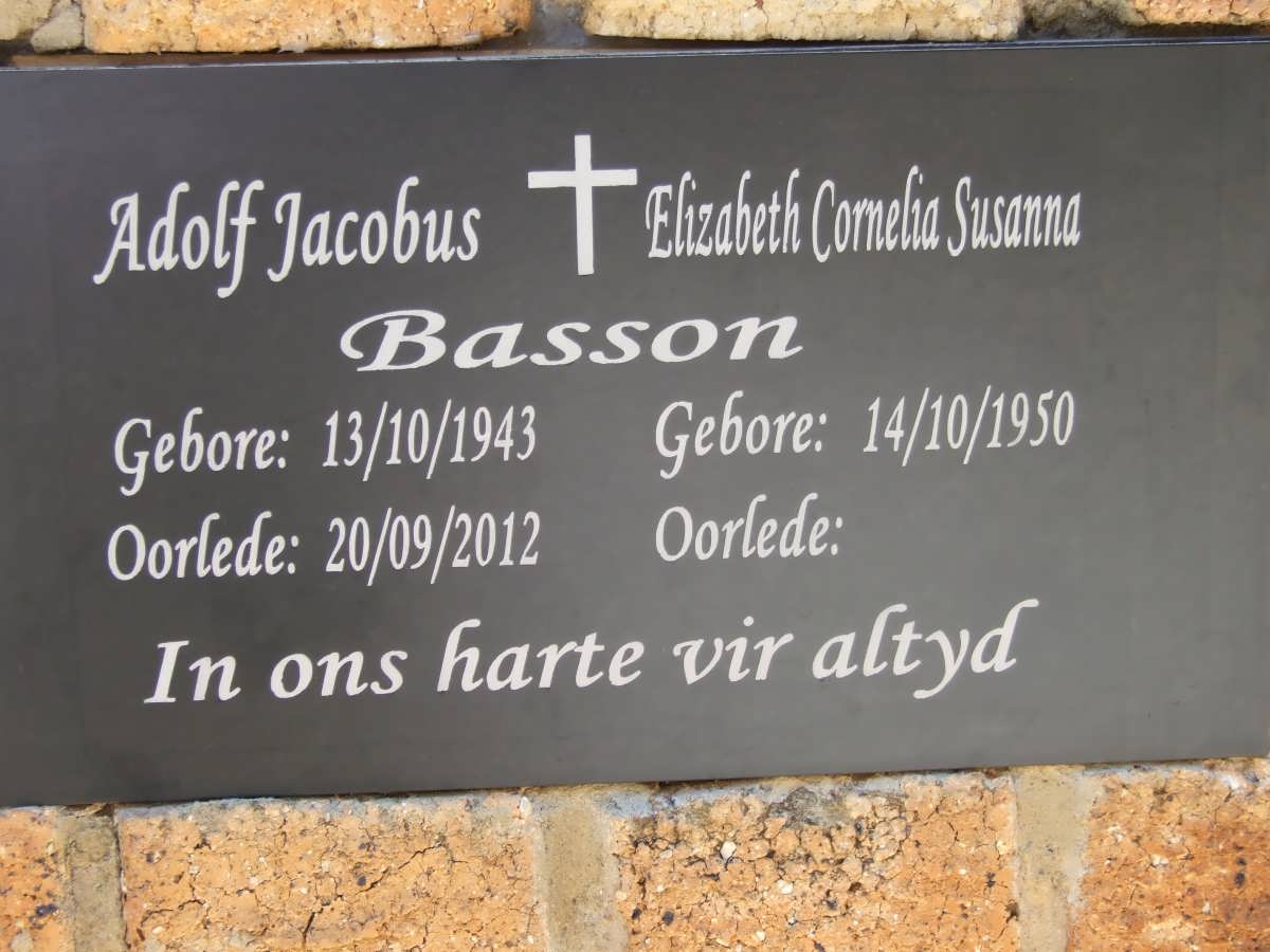 BASSON Adolf Jacobus 1943-2012 &amp; Elizabeth Cornelia Susanna 1950-
