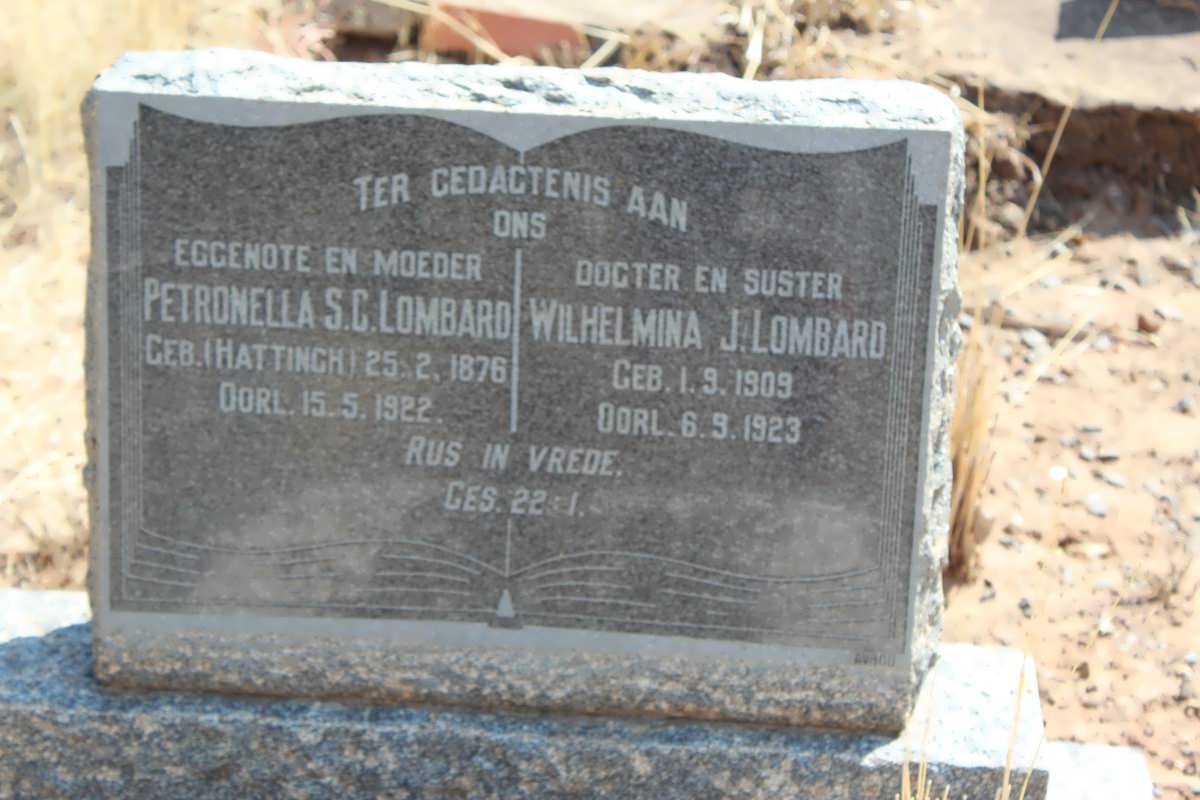LOMBARD Petronella S.C. nee HATTINGH 1876-1922 :: LOMBARD Wilhelmina J. 1909-1923