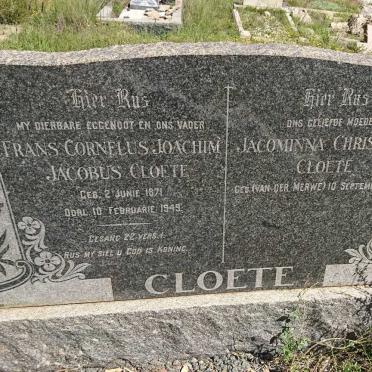CLOETE Frans Cornelus Joachim Jacobus 1871-1949 &amp; Jacominna Christinna Van der MERWE 1879-