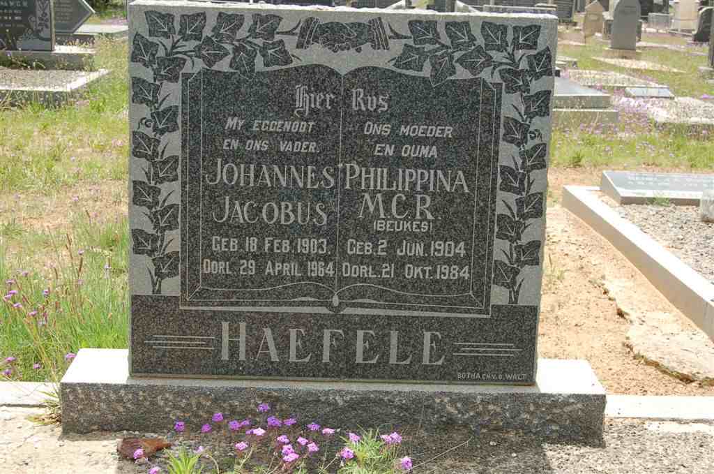HAEFELE Johannes Jacobus 1903-1964 &amp; Philippina M.C.R. BEUKES 1904-1984