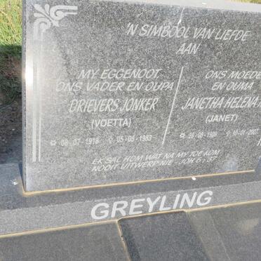 GREYLING Drievers Jonker 1918-1983 &amp; Janetha Helena M. 1909-2007