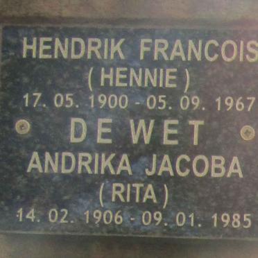 WET Hendrik Francois, de 1900-1967 &amp; Andrika Jacoba 1906-1985