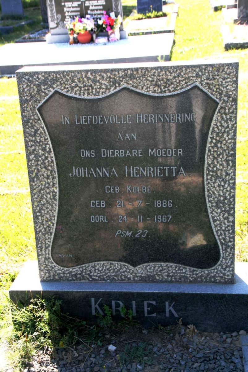 KRIEK Johanna Henrietta nee KOLBE 1886-1967