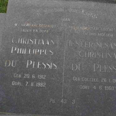 PLESSIS Christiaan Phillippus, du 1912-1982 &amp; Hester Susanna Christina COETZEE 1905-1960