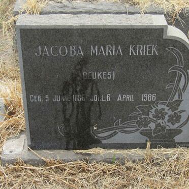 KRIEK Jacoba Maria nee BEUKES 1886-1986