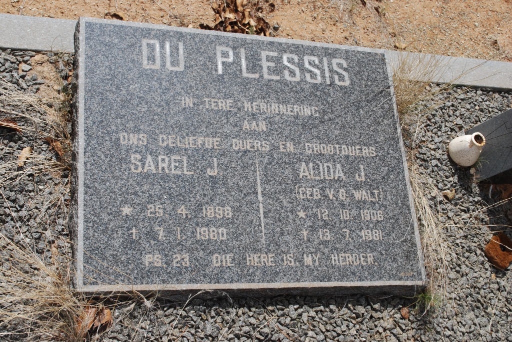 PLESSIS Sarel J., du 1898-1980 &amp; Alida J. V.D. WALT 1906-1981