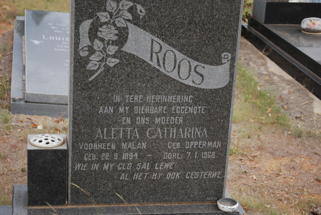 ROOS Aletta Catharina formaly MALAN nee OPPERMAN 1894-1969