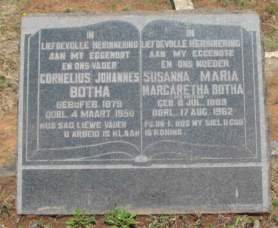 BOTHA Cornelius Johannes 1879-1950 &amp; Susanna Maria Margaretha PIETERSE 1889-1962