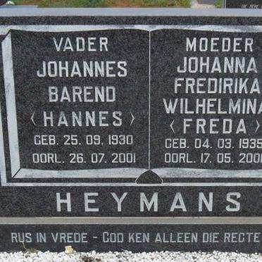 HEYMANS Johannes Barend 1930-2001 &amp; Johanna Fredirika Wilhelmina 1935-2001