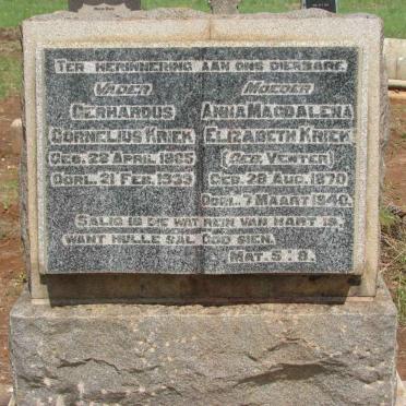 KRIEK Gerhardus Cornelius 1965-1939 &amp; Anna Magdalena Elizabeth VENTER 1870-1940