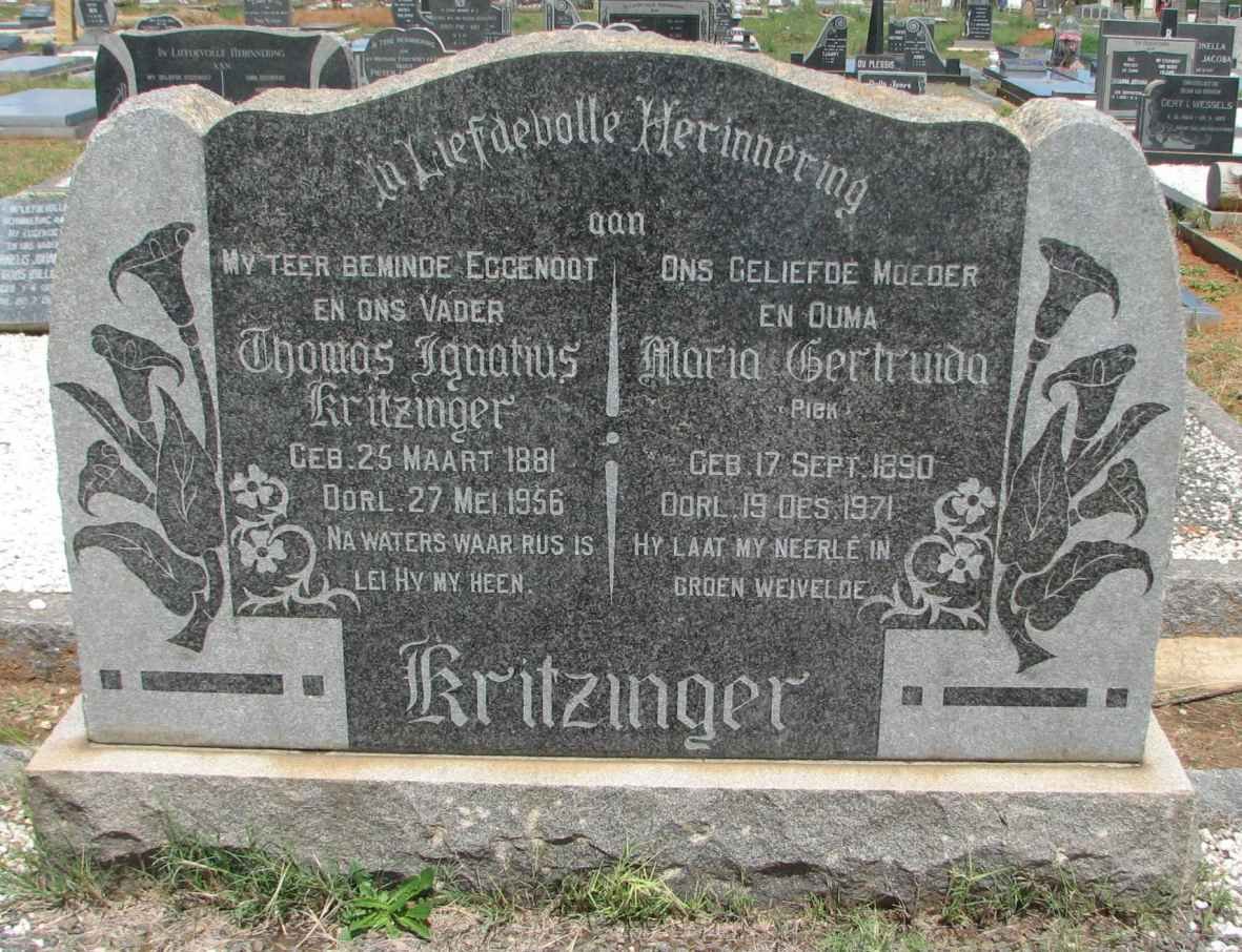 KRITZINGER Thomas Ignatius 1881-1956 &amp; Maria Gertruida PIEK 1890-1971