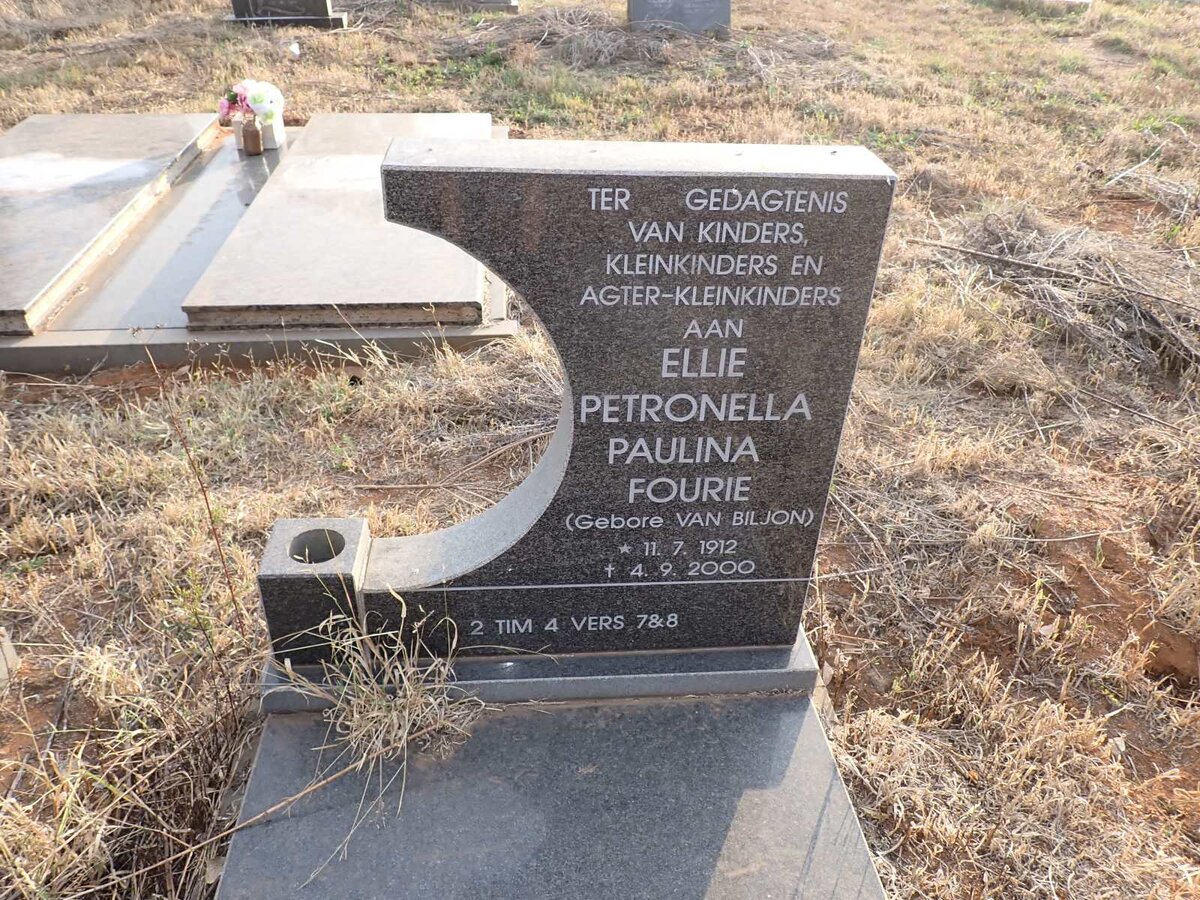 FOURIE Ellie Petronella Paulina nee VAN BILJON 1912-2000
