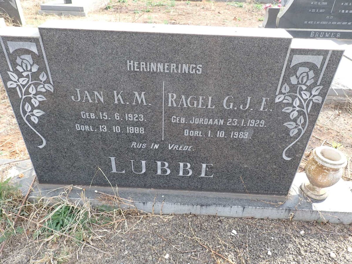LUBBE Jan K.M. 1923-1988 & Ragel G.J.E. JORDAAN 1929-1983