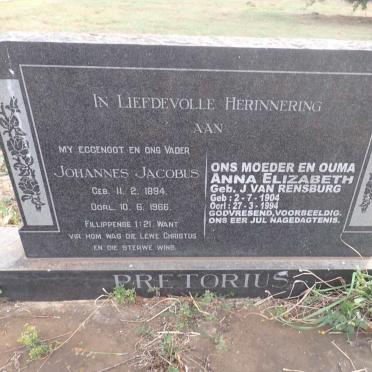 PRETORIUS Johannes Jacobus 1894-1966 & Anna Elizabeth J. VAN RENSBURG 1904-1994