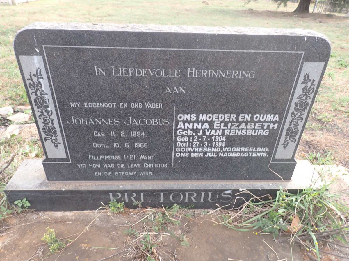 PRETORIUS Johannes Jacobus 1894-1966 & Anna Elizabeth J. VAN RENSBURG 1904-1994