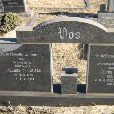 VOS Jacobus Christiaan 1926-1994 &amp; Gesina Aletta M. V. WYK 1922-1979