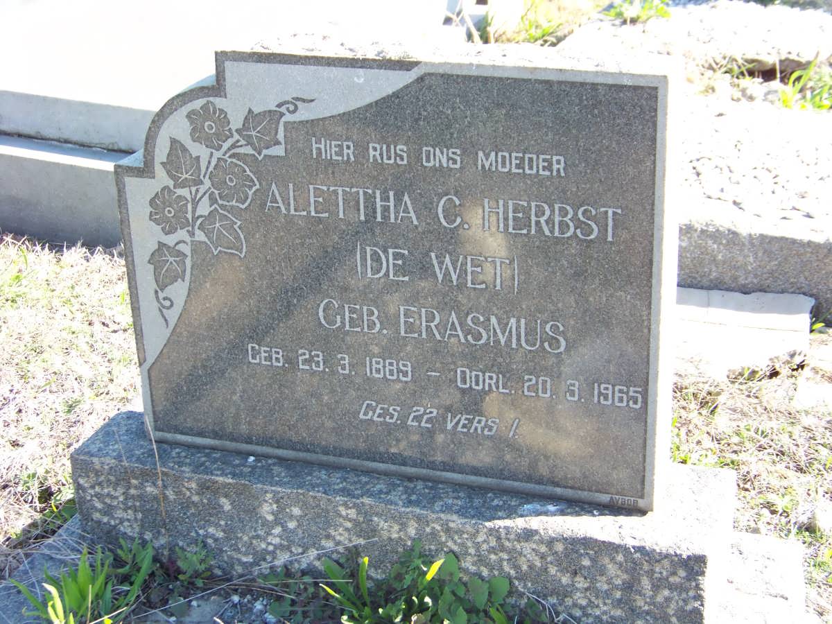 HERBST Alettha C. voorheen DE WET nee ERASMUS 1889-1965