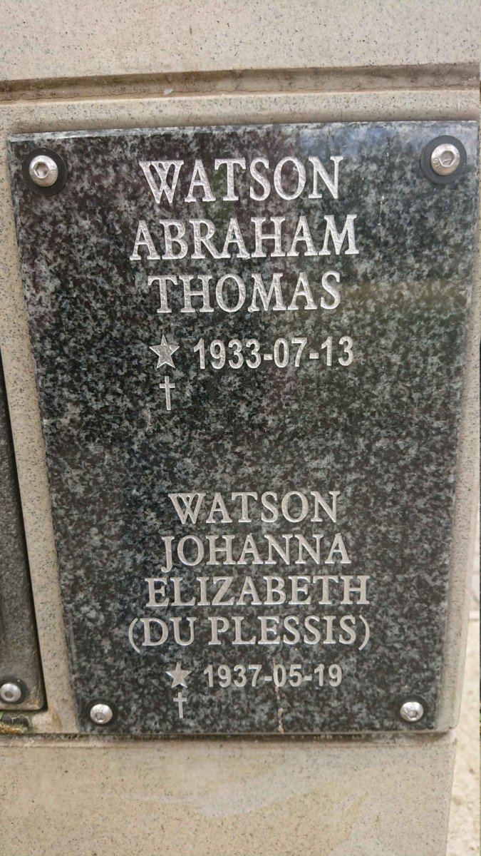 WATSON Abraham Thomas 1933- &amp; Johanna Elizabeth DU PLESSIS 1937-