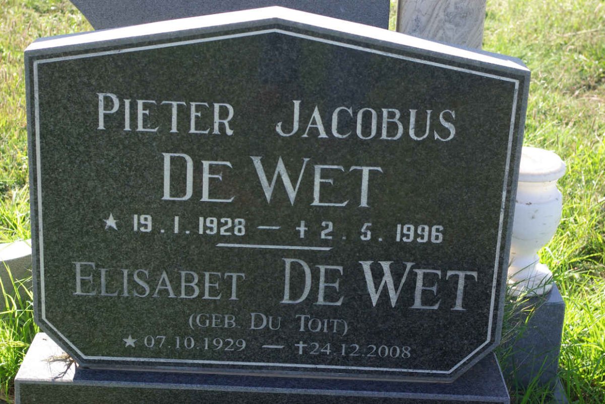 WET Pieter Jacobus, de 1928-1996 &amp; Elisabet Du TOIT 1929-2008