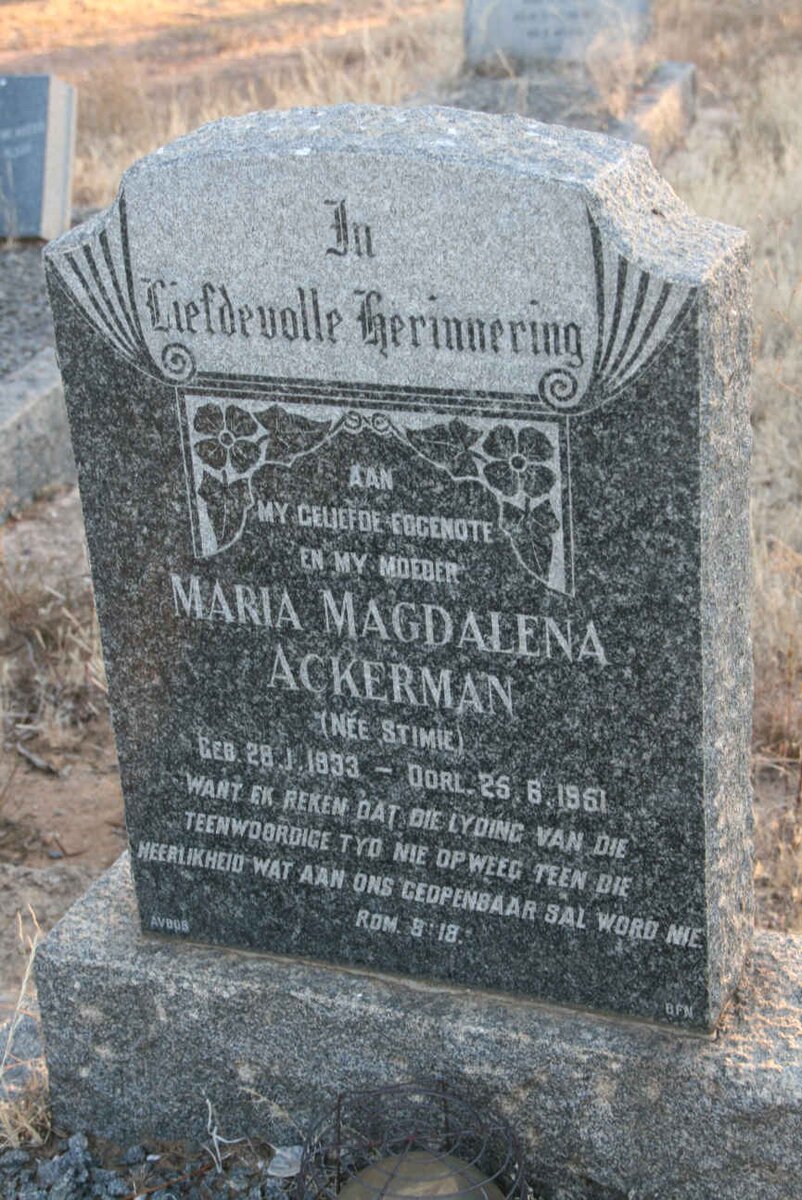 ACKERMAN Maria Magdalena nee STIMIE 1933-1961
