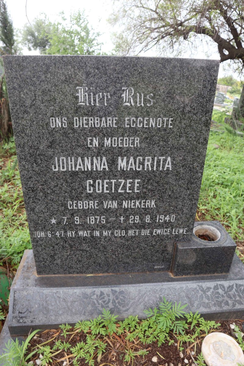 COETZEE Johanna Magrita nee VAN NIEKERK 1875-1940