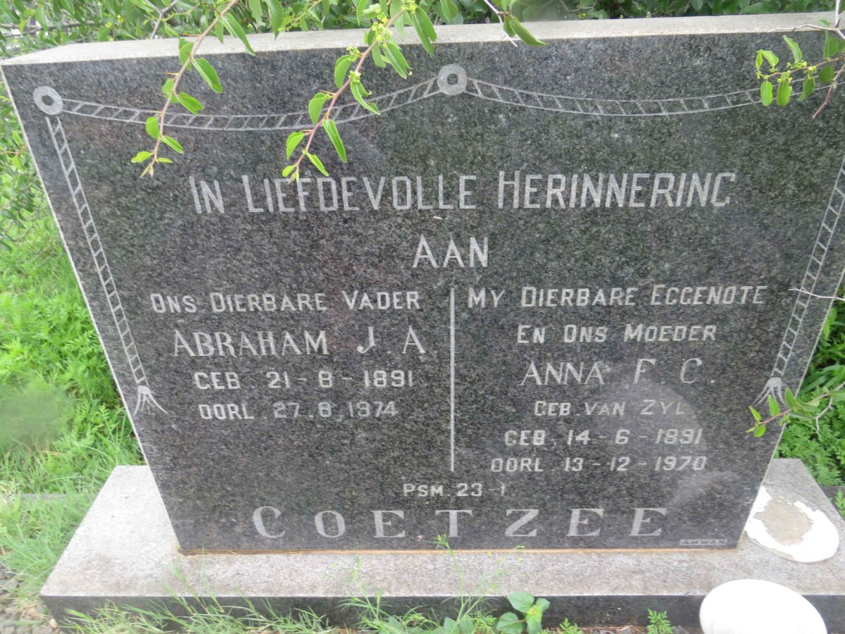 COETZEE Abraham J.A. 1891-1974 &amp;  Anna F.C. VAN ZYL 1891-1970