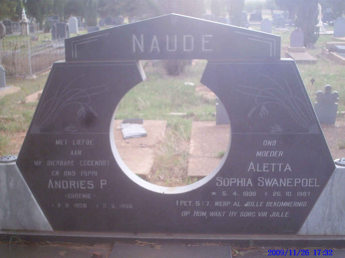NAUDE Andries P. 1939-1986 &amp; Aletta Sophia SWANEPOEL 1938-1987