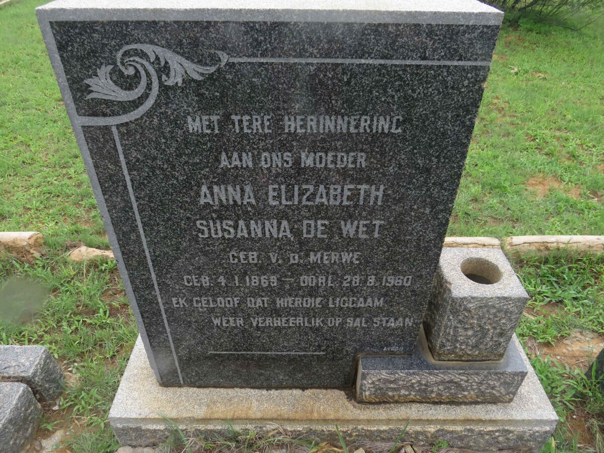 WET Anna Elizabeth Susanna, de nee VAN DER MERWE 1869-1960