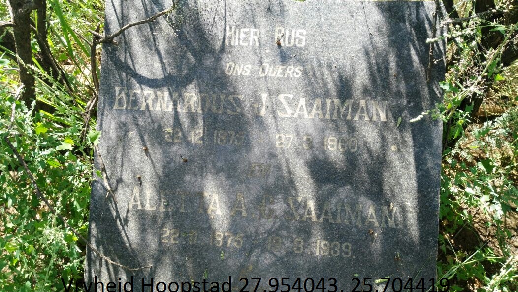 SAAIMAN Bernardus J. 1875-1916 &amp; Aletta A.C. 1875-1939