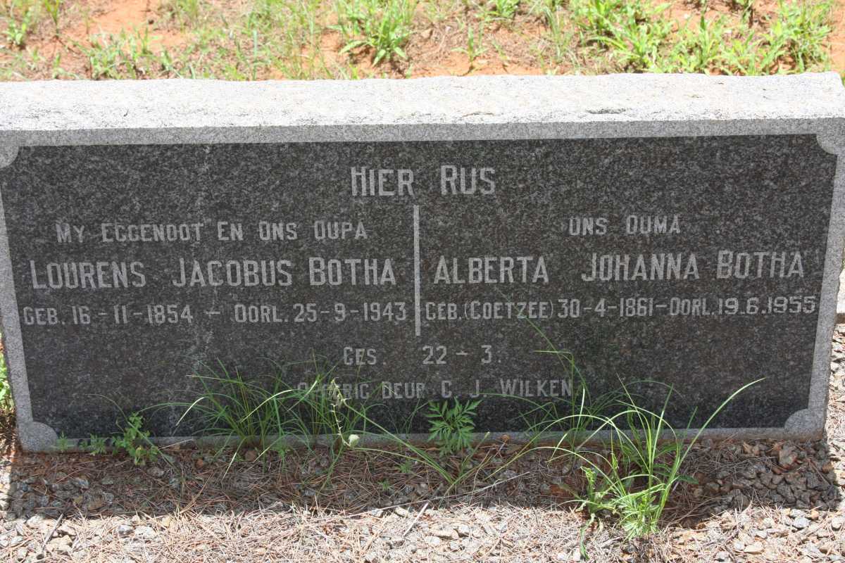 BOTHA Lourens Jacobus 1854-1943 &amp; Alberta Johanna COETZEE 1861-1955
