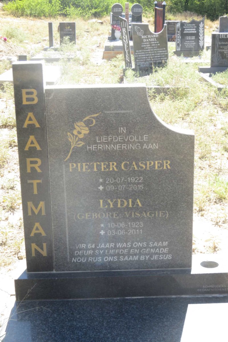 BAARTMAN Pieter Casper 1922-2015 &amp; Lydia VISAGIE 1923-2011