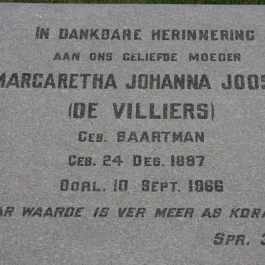 JOOSTE Margaretha Johanna formerly DE VILLIERS nee BAARTMAN 1887-1966