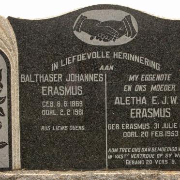 ERASMUS Balthaser Johannes 1869-1961 &amp; Aletha E.J.W.P. ERASMUS 1878-1953
