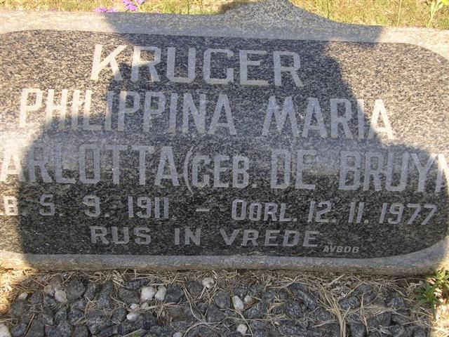 KRUGER Philippina Maria Charlotta nee DE BRUYN 1911-1977