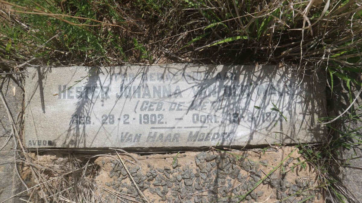 WALT Hester Johanna, van der nee DE WET 1902-1925