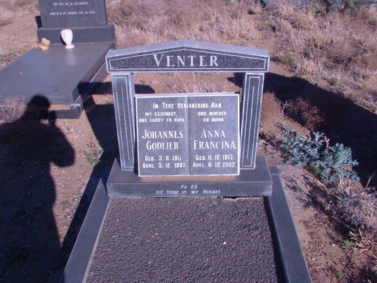 VENTER Johannes Godlieb 1911-1997 &amp; Anna Francina 1917-2002