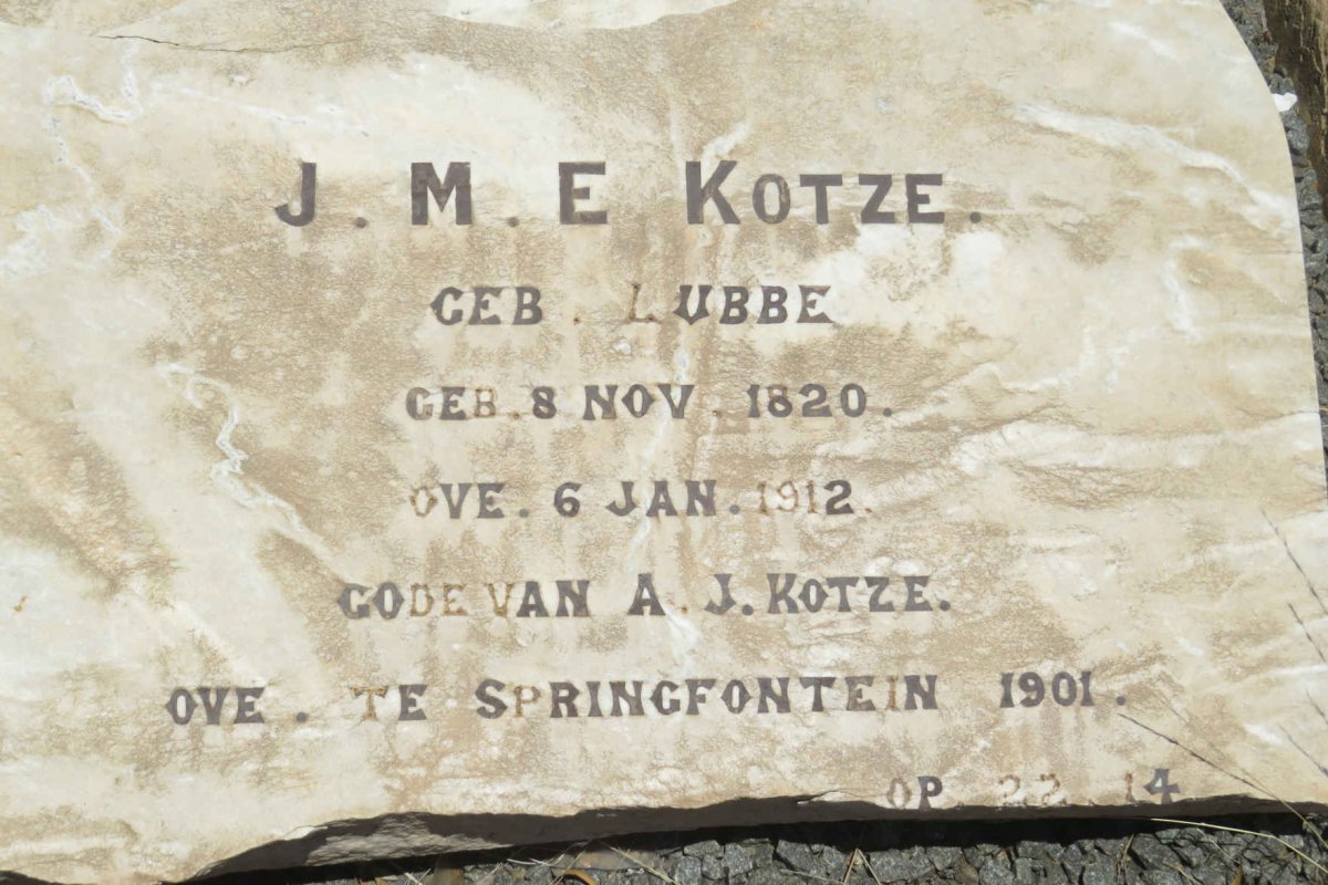 KOTZE J.M.E. nee LUBBE 1820-1912