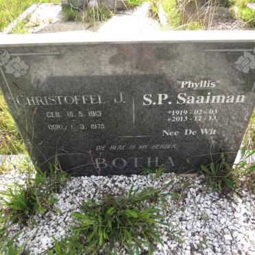 BOTHA Christoffel J. 1913-1975 & S.P. previously SAAIMAN nee DE WIT 1919-2013