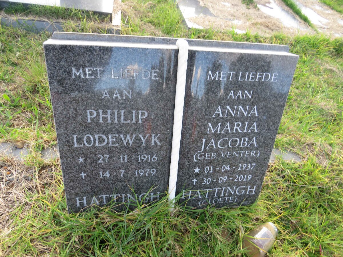 HATTINGH Philip Lodewyk 1916-1979 & Anna Maria Jacoba previously CLOETE nee VENTER 1937-2019