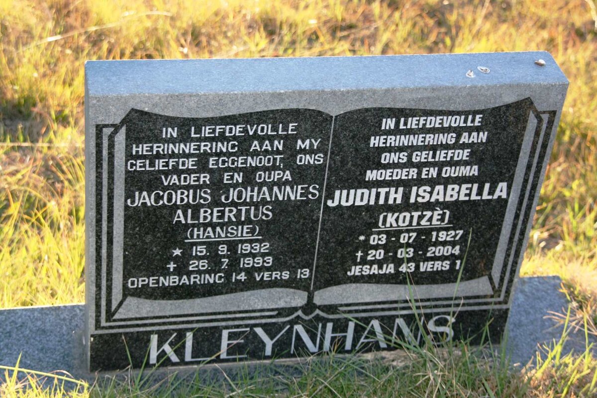 KLEYNHANS Jacobus Johannes Albertus 1932-1999 & Judith Isabella KOTZE 1927-2004