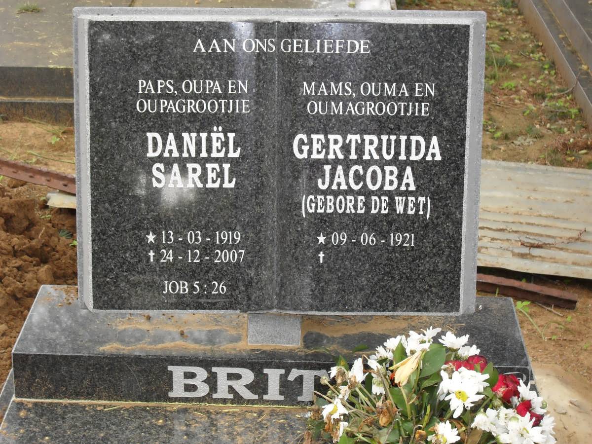 BRITS Daniël Sarel 1919-2007 &amp; Gertruida Jacoba DE WET 1921-