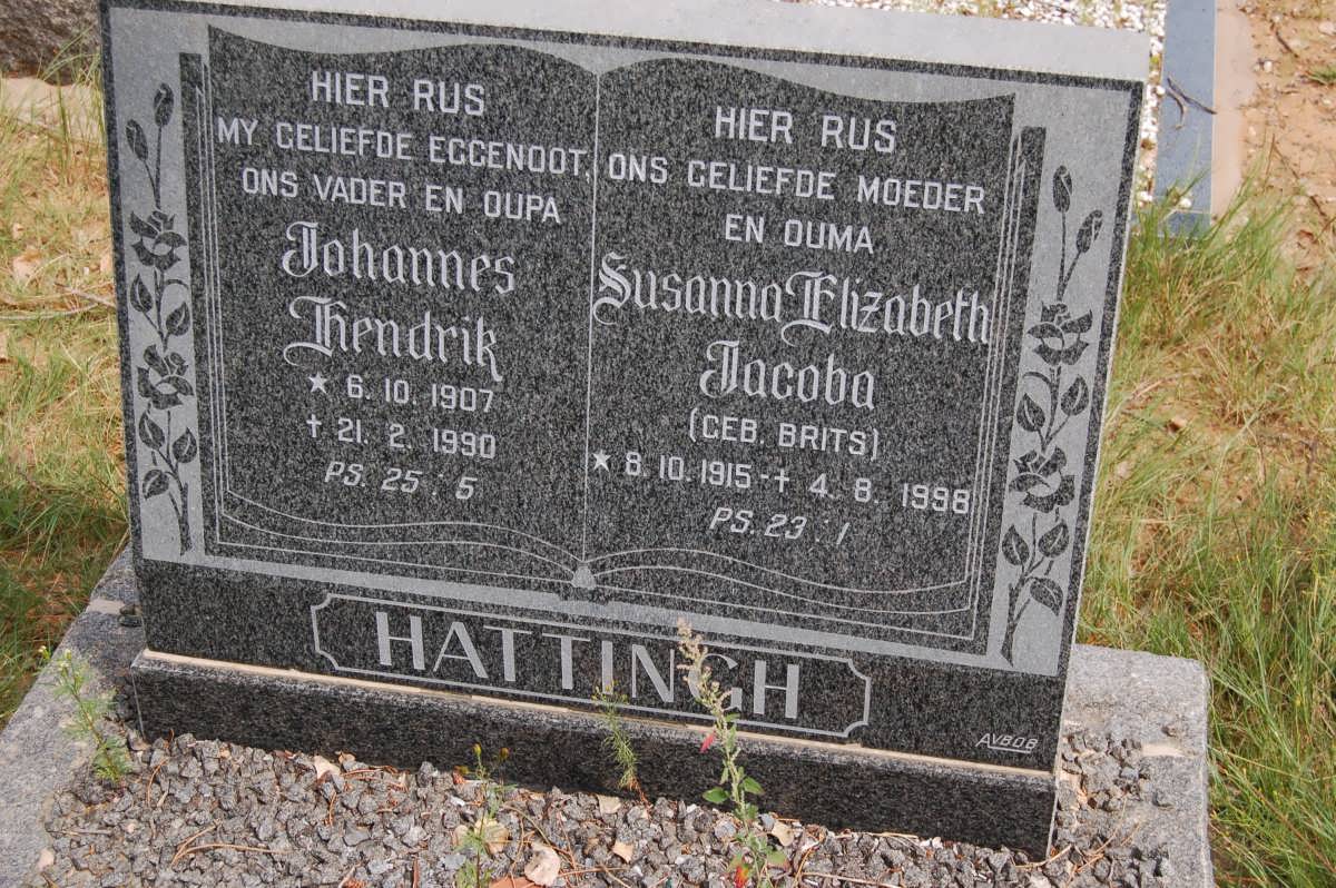 HATTINGH Johannes Hendrik 1907-1990 &amp; Susanna Elizabeth Jacoba BRITS 1915-1998