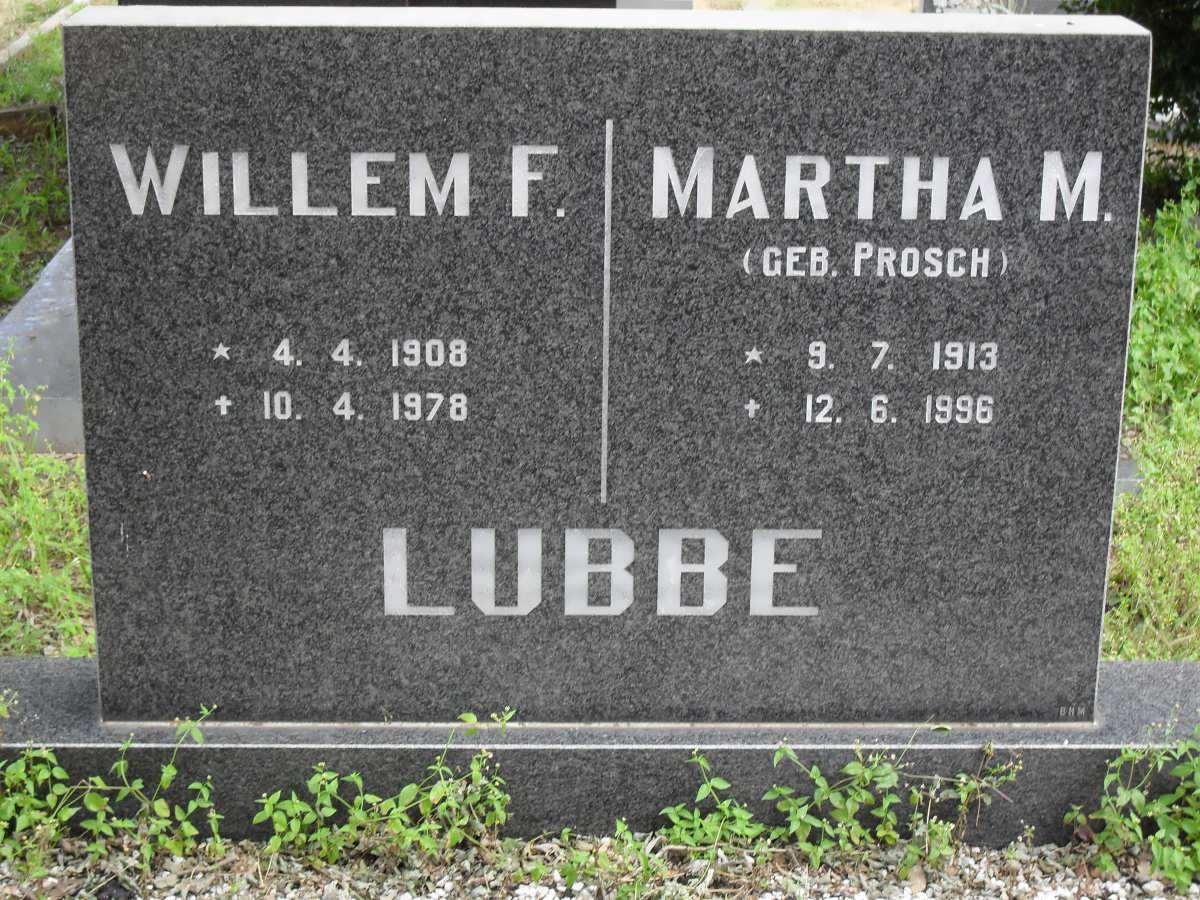 LUBBE Willem F. 1908-1978 &amp; Martha M. PROSCH 1913-1996