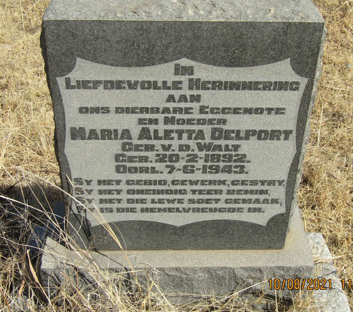 DELPORT Maria Aletta nee v.d. WALT 1892-1943